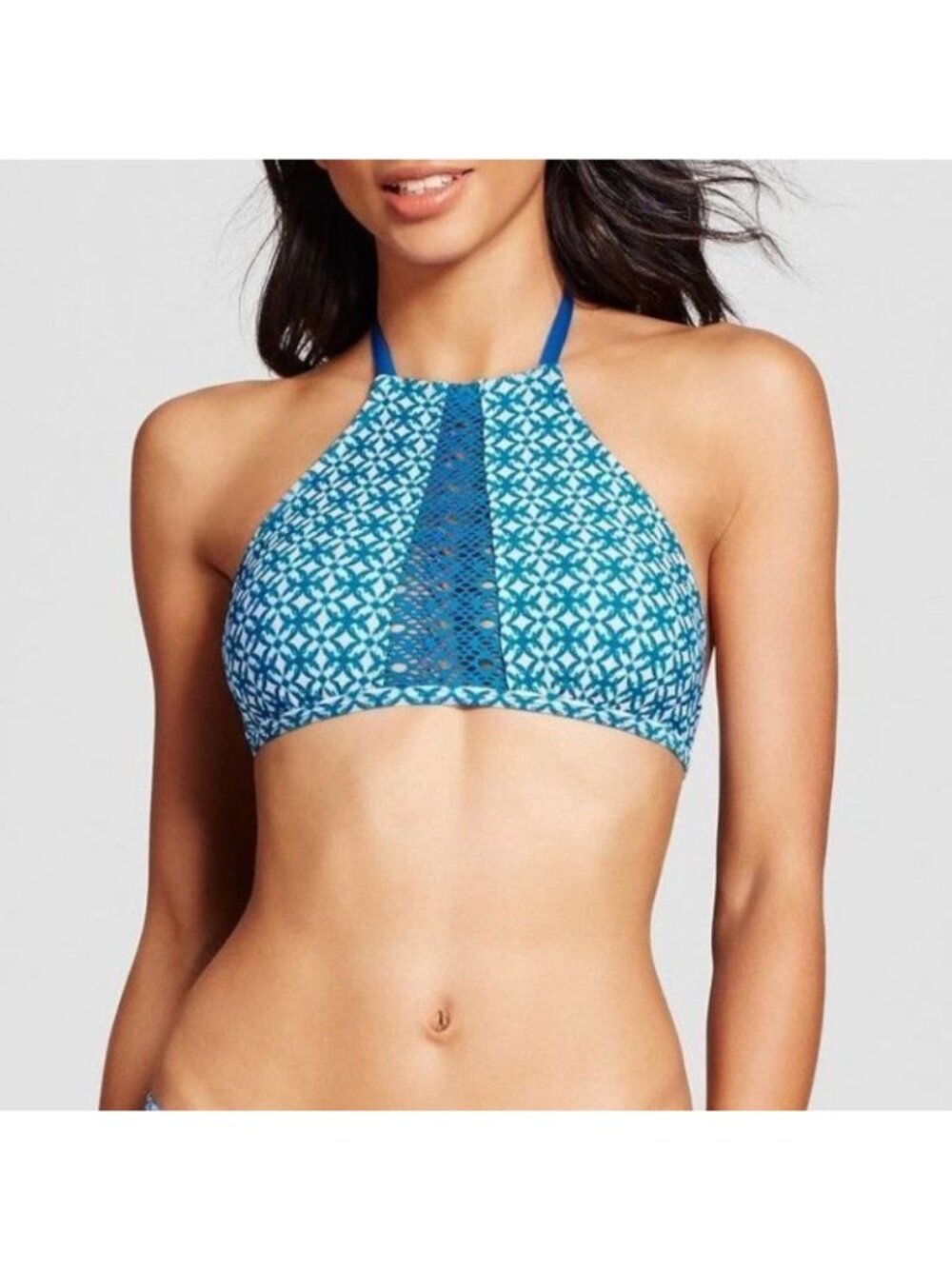 NWOT Mossimo Womens Blue White Crochet Halter High Neck Bikini Top PLUS SIZE XL